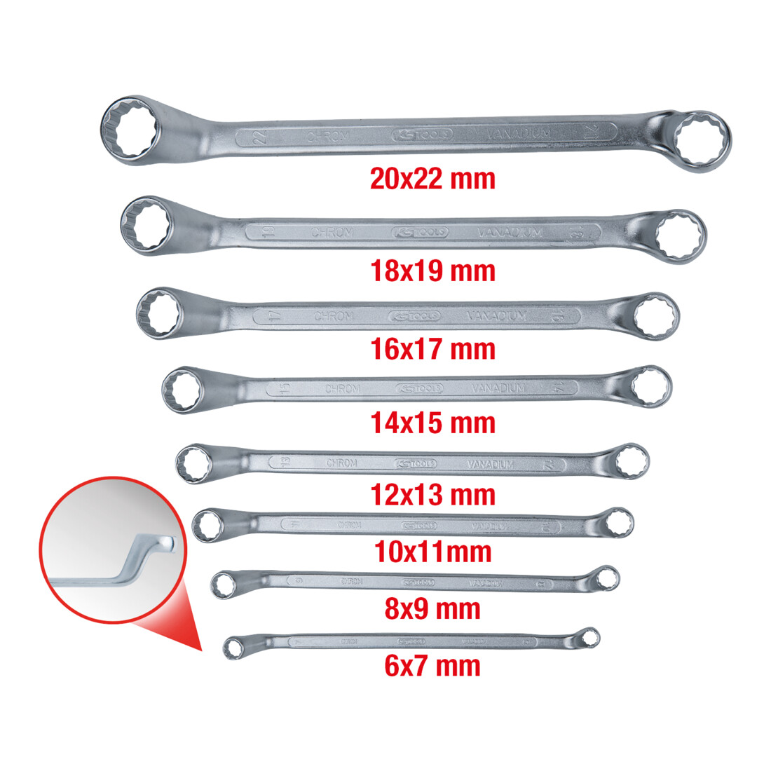 KS TOOLS Clés polygonales contre-coudées, 8 pcs. 6-22mm