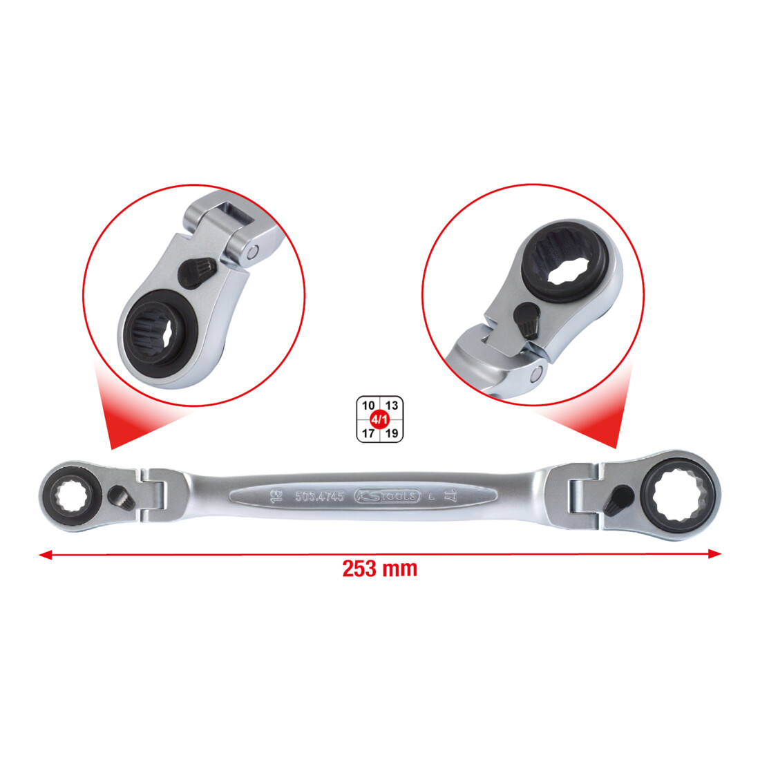 KS TOOLS Jeu de clés polygonales à cliquet articulé 4 en 1 GEARplus, 10x13-17x19mm