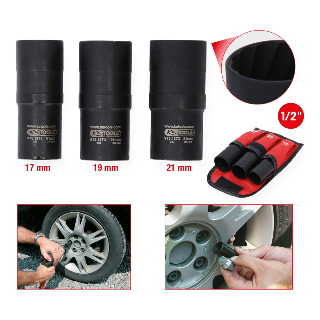 KS TOOLS 1/2' Jeu de douilles double à chocs, 3pcs.,17-21mm