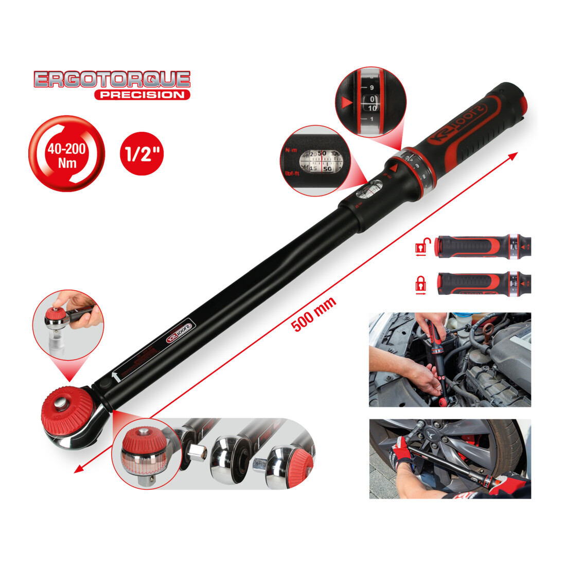 KS TOOLS Clé dynamométrique 1/2' ERGOTORQUE®precision à carré d'entraînement bouton