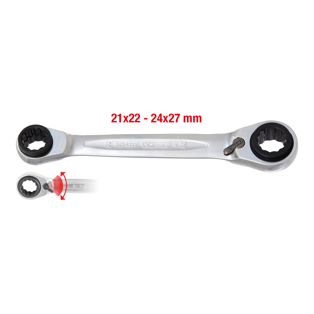 KS TOOLS Clé polygonale à cliquet réversible  4 en 1 GEARplus, 21x22x24x27mm