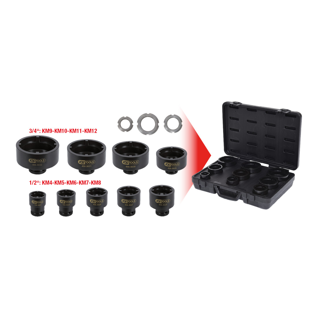 KS TOOLS Jeu d'écrous et de clés à molette , embout intérieur, 9 pcs.