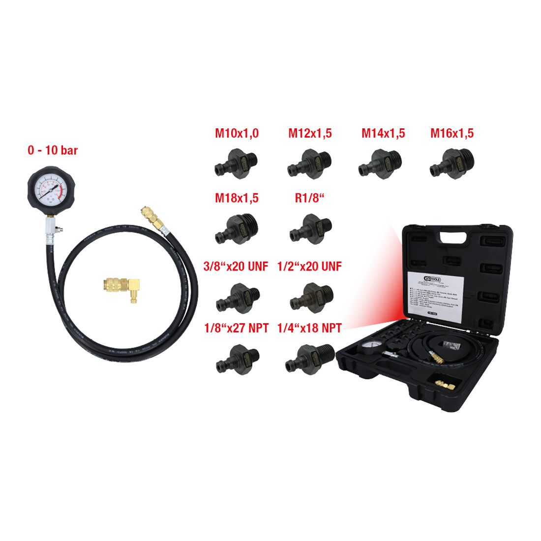 KS TOOLS Jauge de pression d'huile avec adaptateur, 12 pcs, 0-10bar