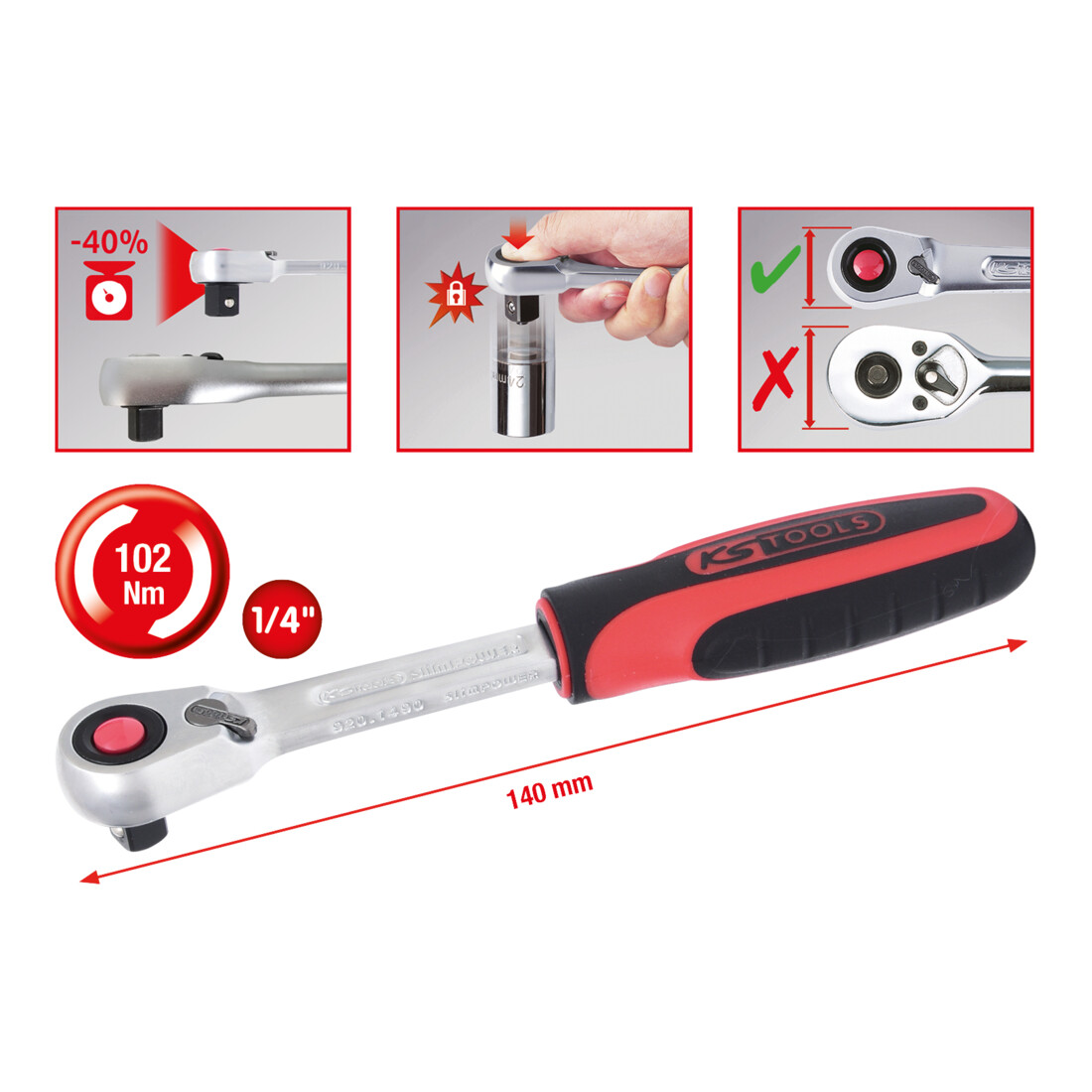 KS TOOLS Cliquet réversible SlimPOWER 1/4', 72 dents