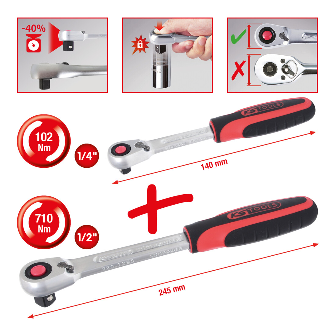 KS TOOLS Coffret de cliquets réversibles SlimPOWER, 2 pcs. 1/4'+1/2'
