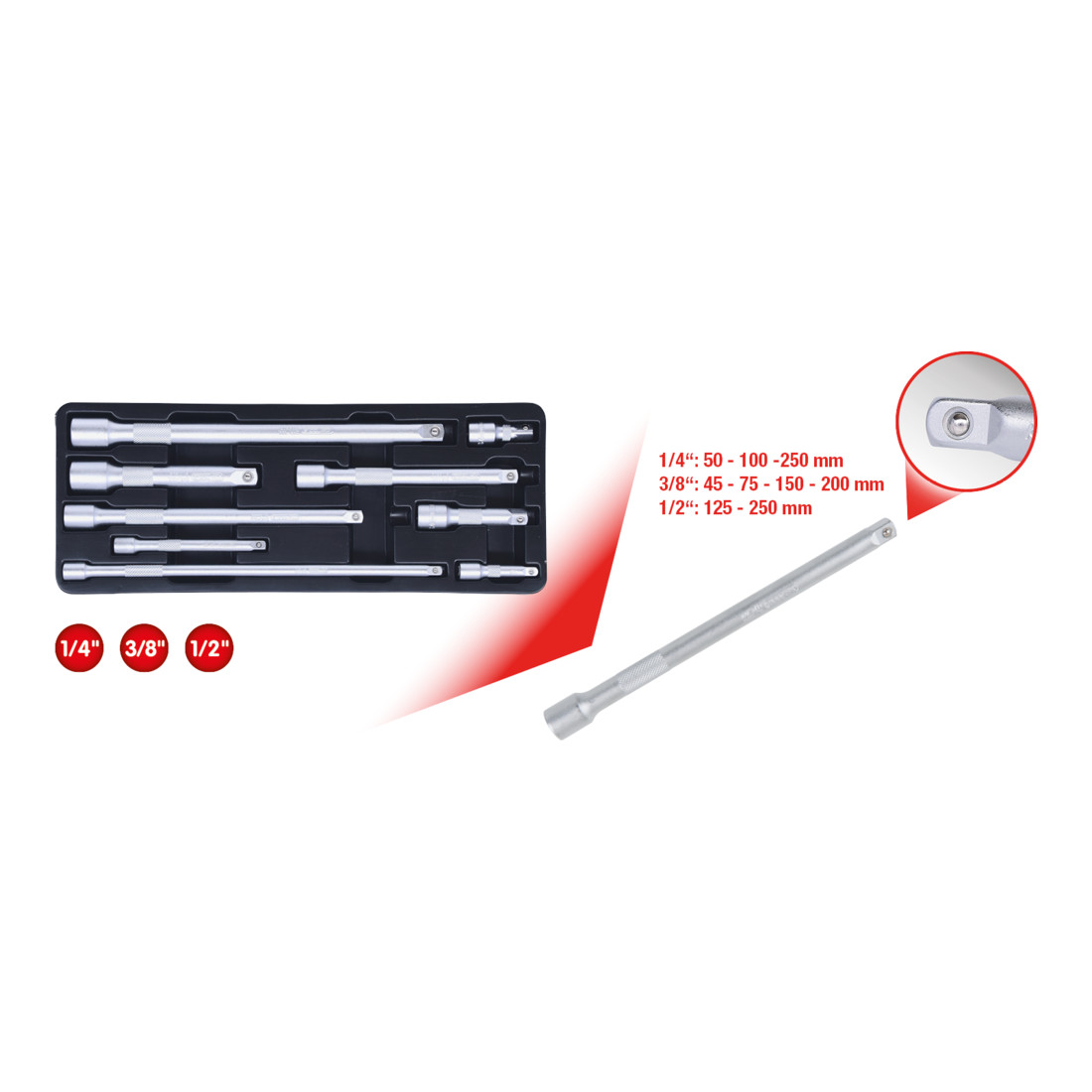 KS TOOLS 1/4'+3/8'+1/2' Jeu de rallonges, 9 pcs.