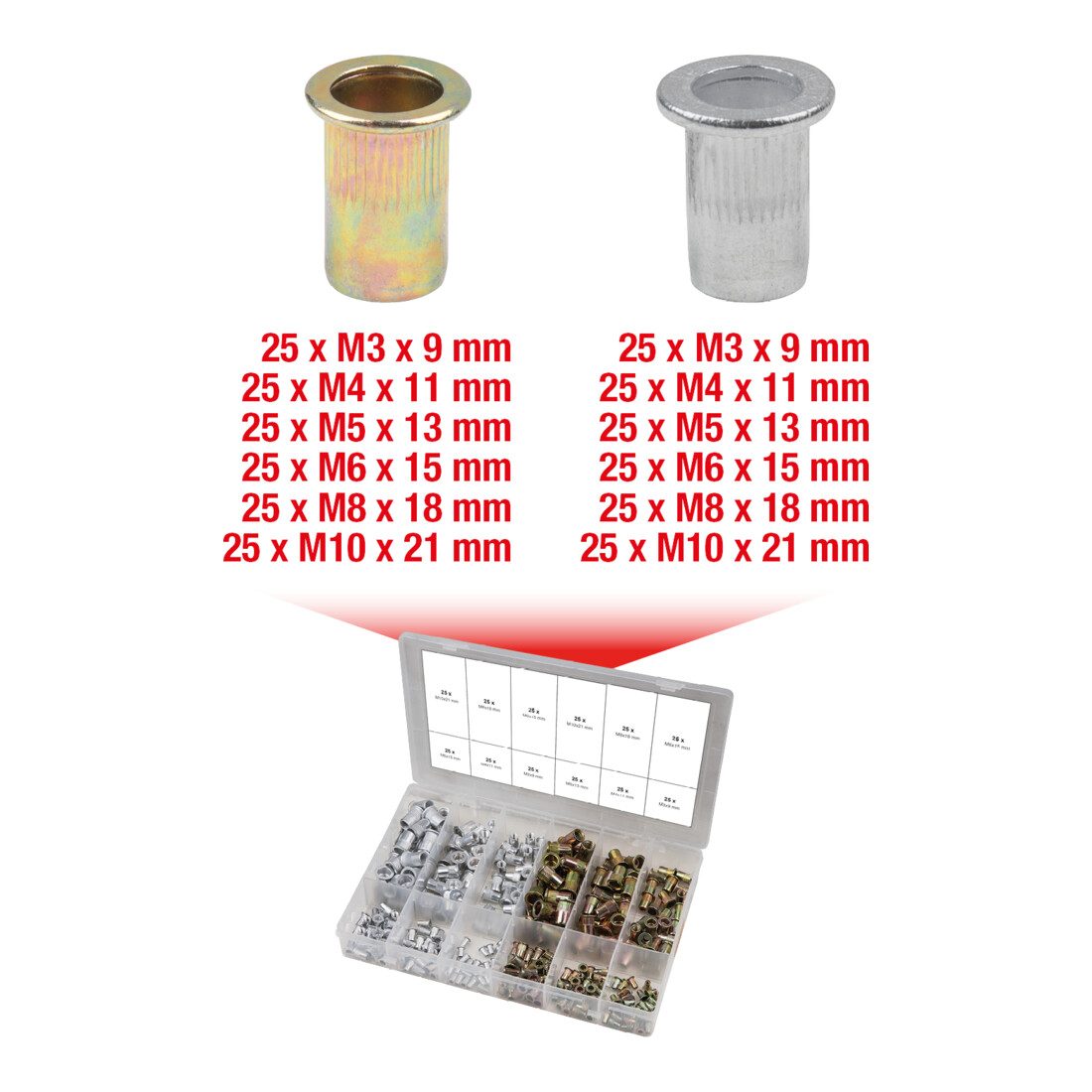 KS TOOLS Assortiment de rivets filetés acier et aluminium, M 3 x 9 mm-M 10 x 21 mm, 300 pièces