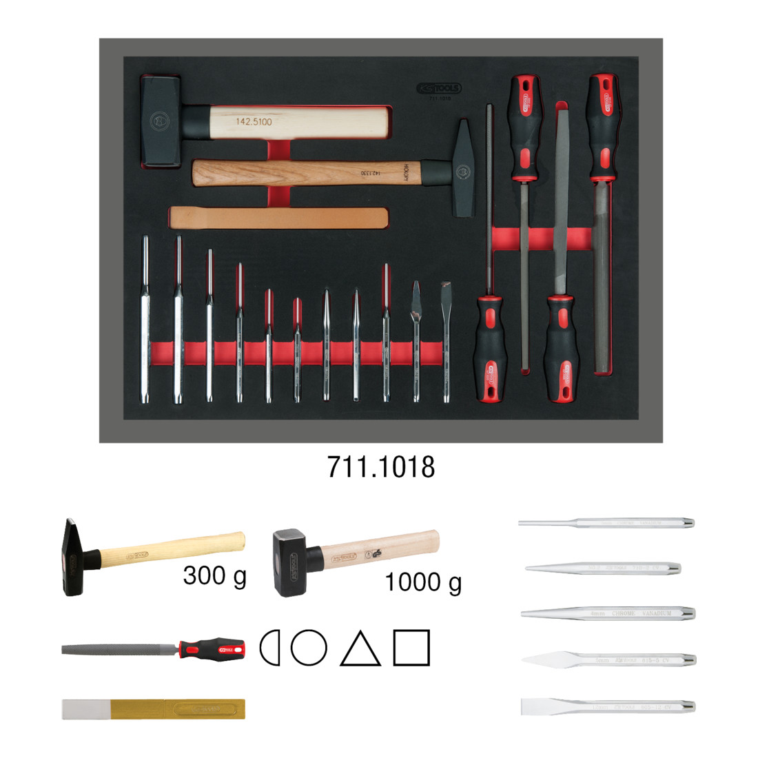 KS TOOLS lime, ciseau et marteau, 18 pièces en système 1/1