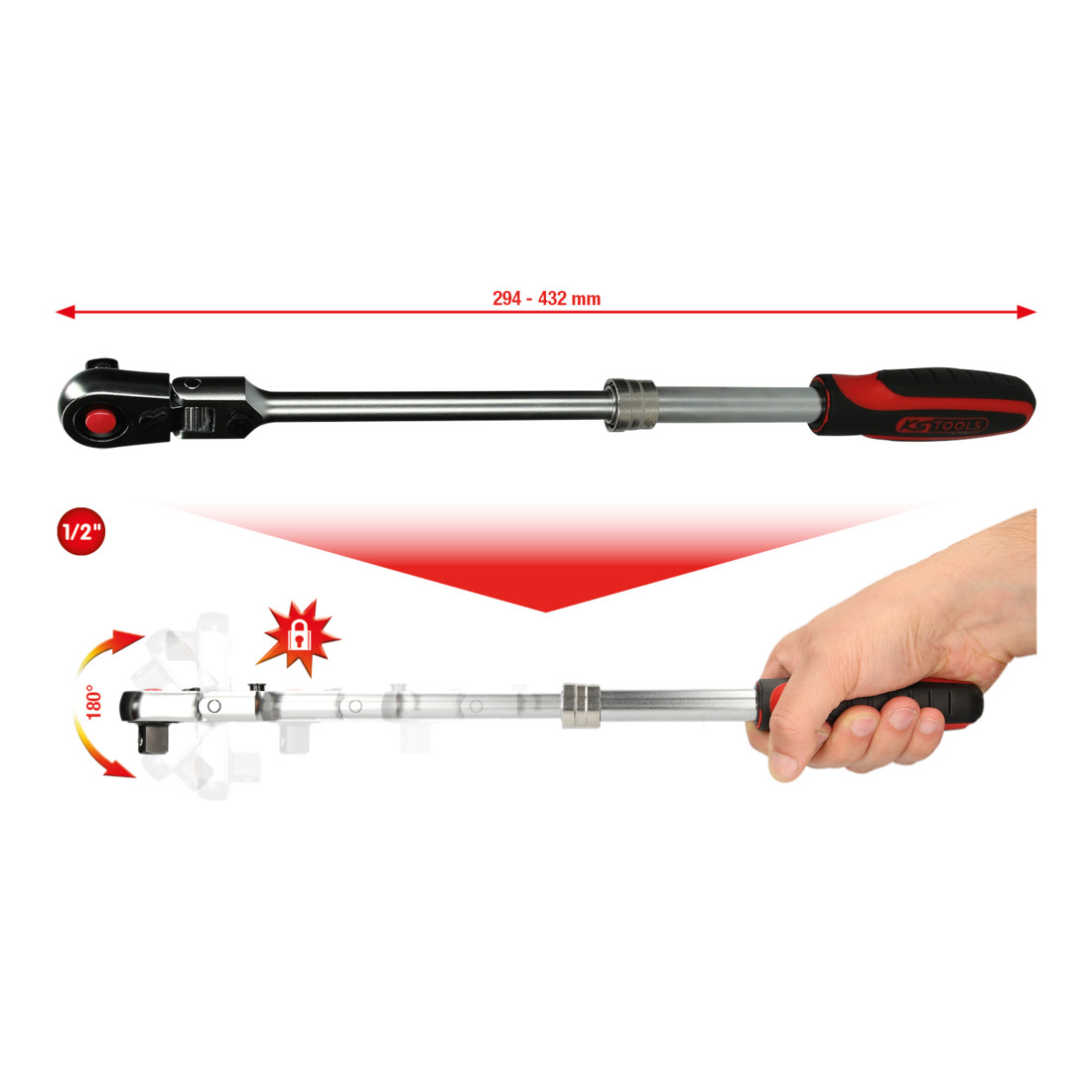 KS TOOLS Cliquet télescopique réversible articulé SlimPOWER 1/2', 72 dents