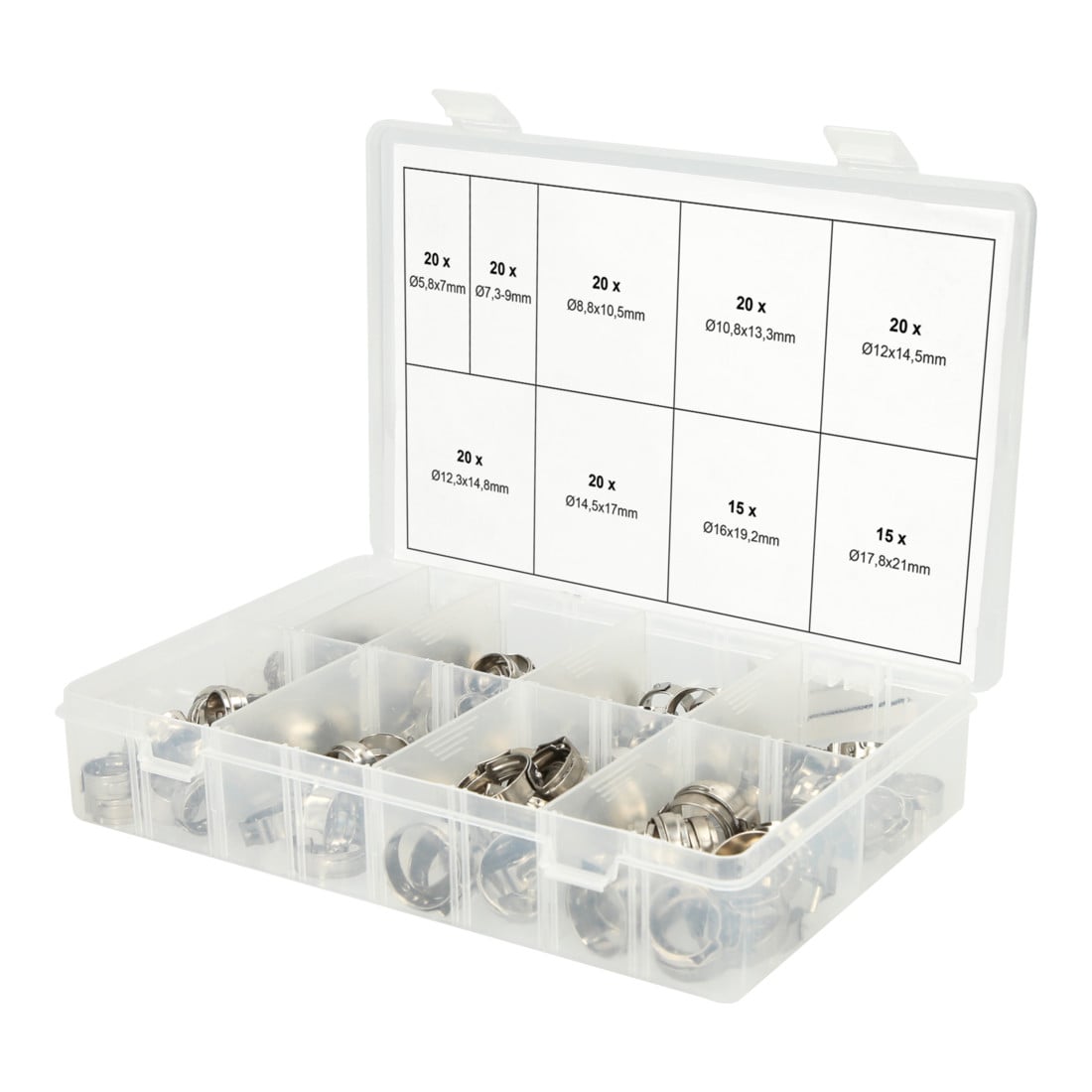 KS TOOLS Assortiment de : colliers de serrage à 1 oreille, Ø 5,8-21mm, 170 pcs.