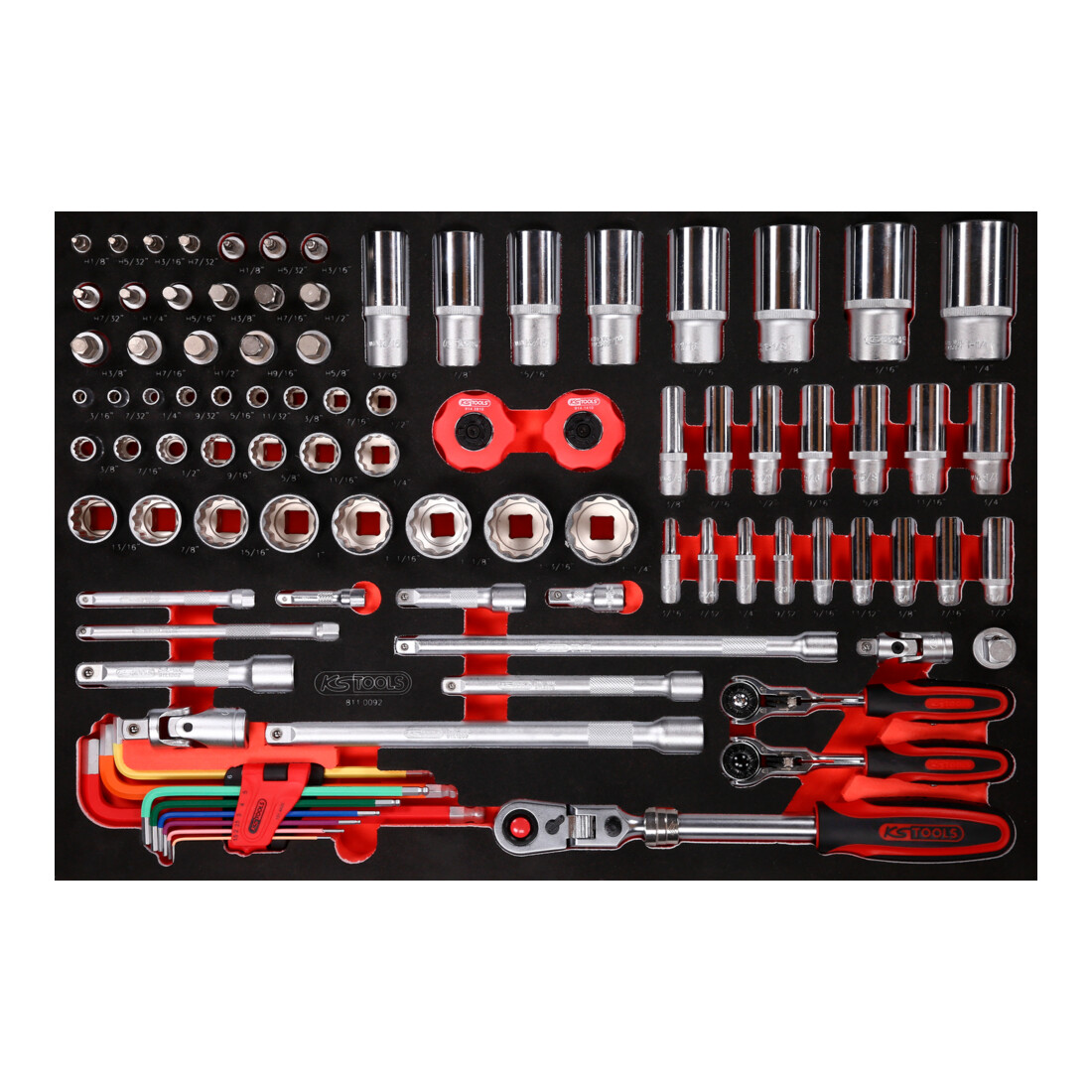 KS TOOLS Jeu de clés à douille 1/4'' + 3/8'' + 1/2'' dans insert en mousse, 92 pcs, en pouces