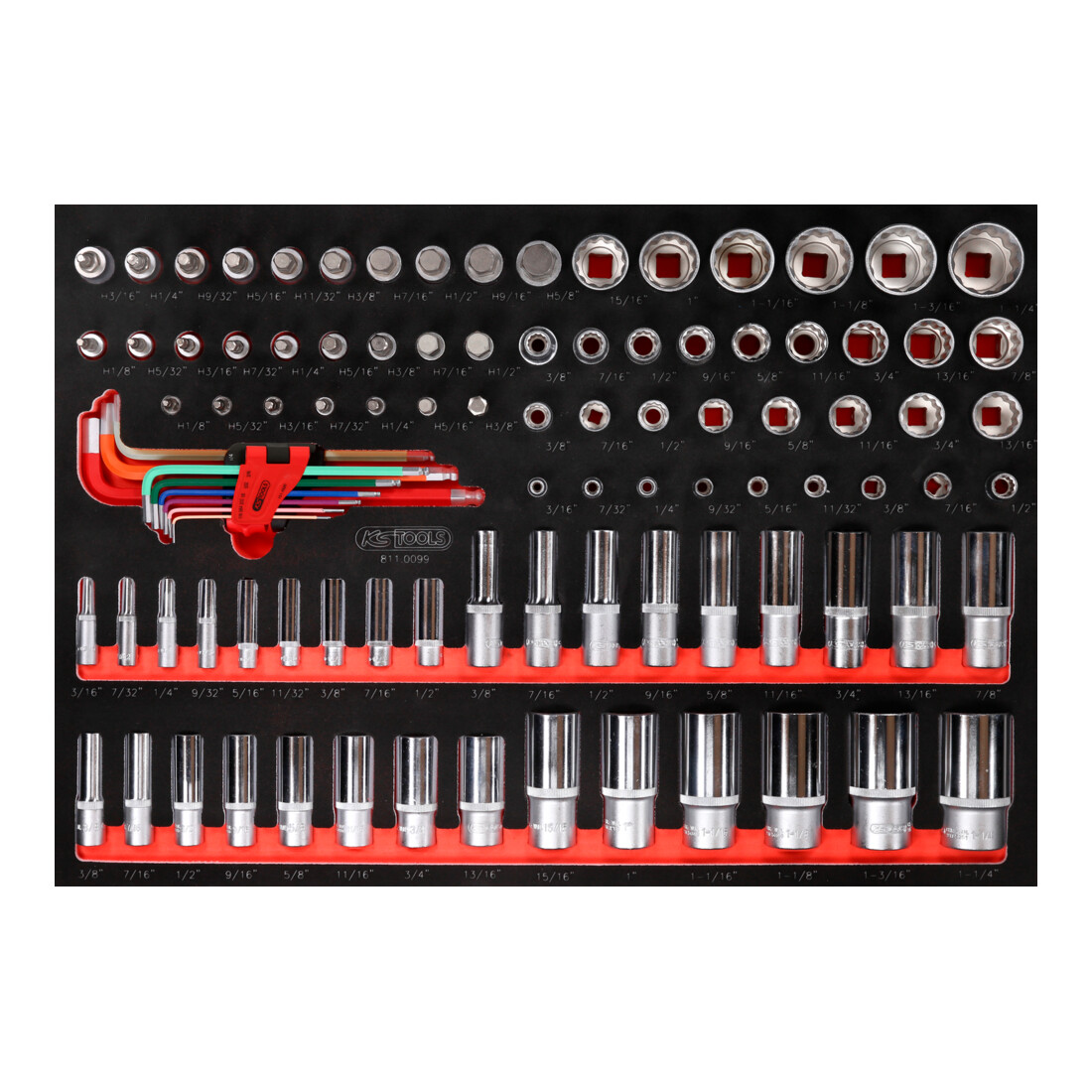 KS TOOLS Jeu de clés à douille 1/4'' + 3/8'' + 1/2'' dans insert en mousse, 99 pcs, en pouces