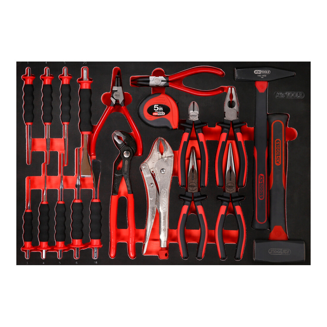 KS TOOLS Jeu de pinces, marteaux et burins dans insert en mousse, 22 pcs