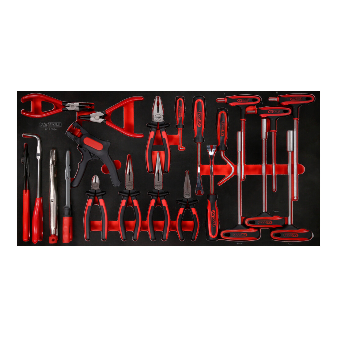 KS TOOLS Jeu de clés mâles coudées à poignée en T et de pinces dans insert en mousse, 24 pcs