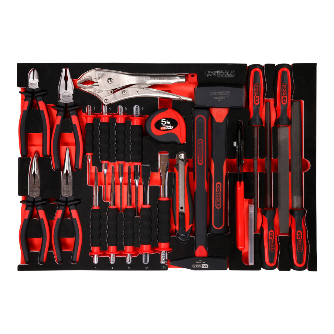 KS TOOLS Jeu de pinces, marteaux et burins dans insert en mousse, 33 pcs
