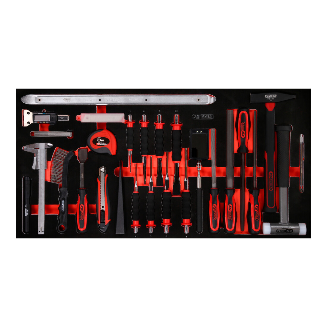 KS TOOLS Jeu de marteaux, de burins et d’outils de mesure dans insert en mousse, 36 pcs