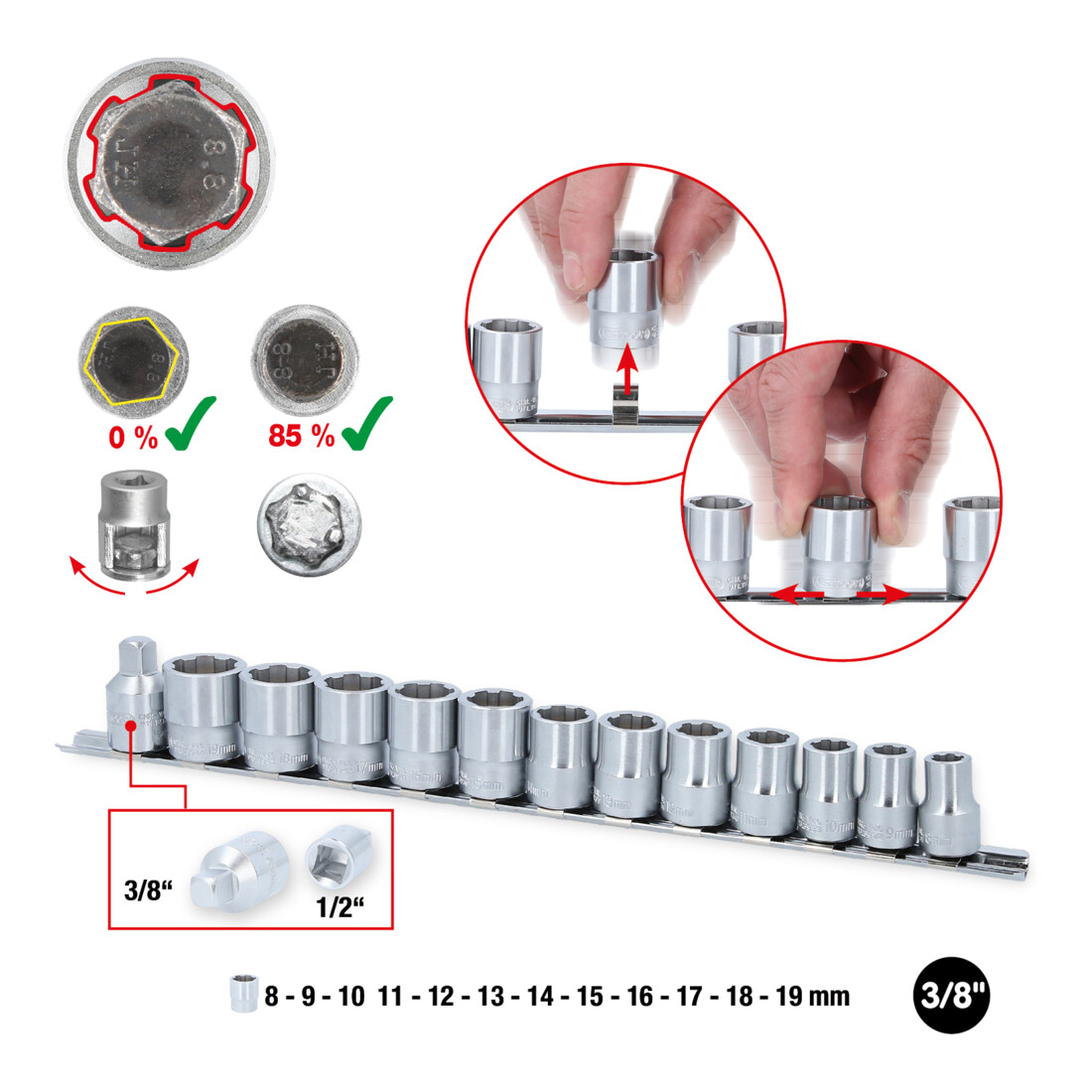KS TOOLS Jeu de douilles 3/8' RESCUEpower, 13 pcs 8-19 mm