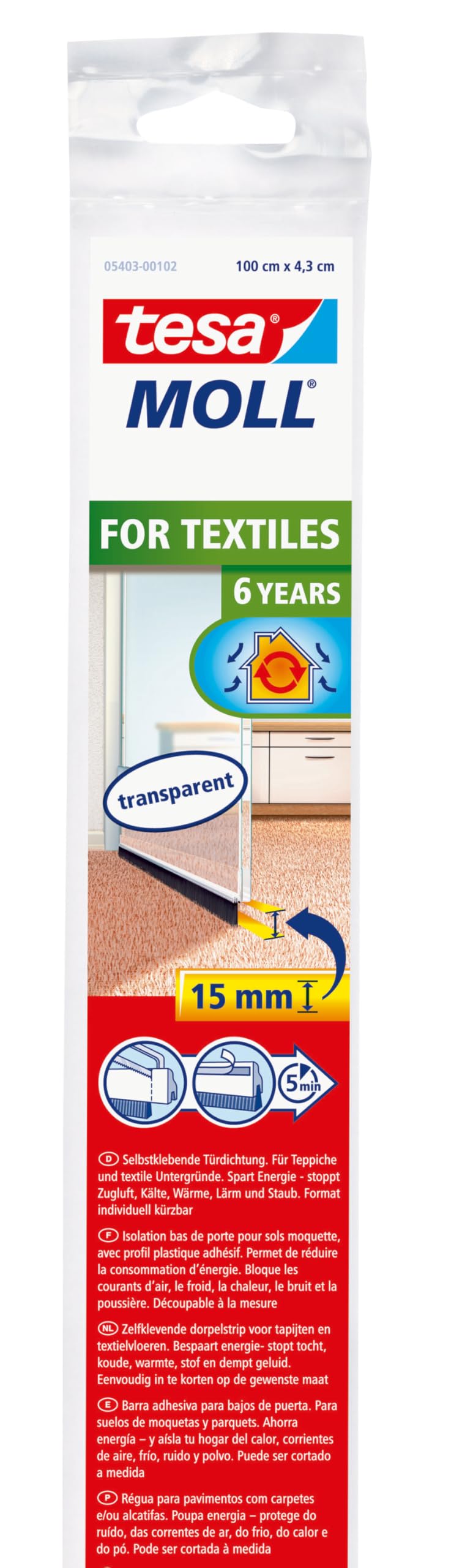 TEAC tesamoll Türdichtung für Textilböden 1m x 43mm transparent