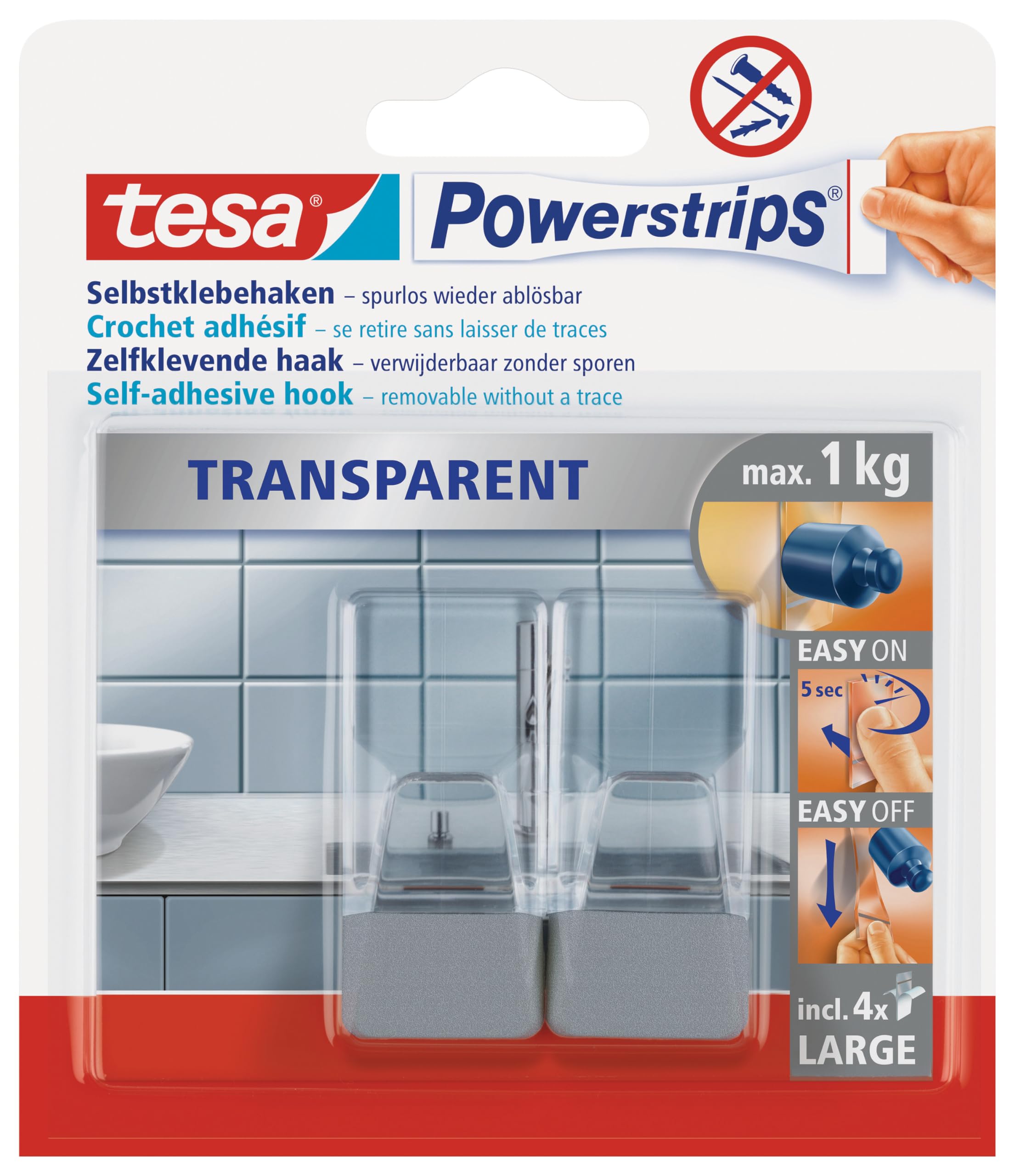 TEAC tesa Powerstrips Haken L matt-chrome transparent