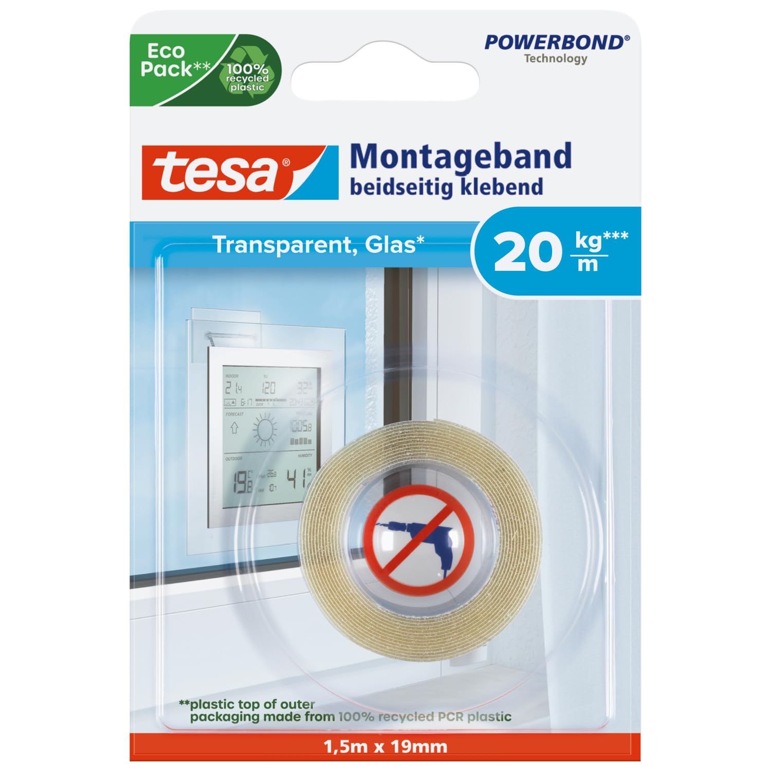 TEAC tesa Montageband Glas 2kg 1.5m x 19mm transparent