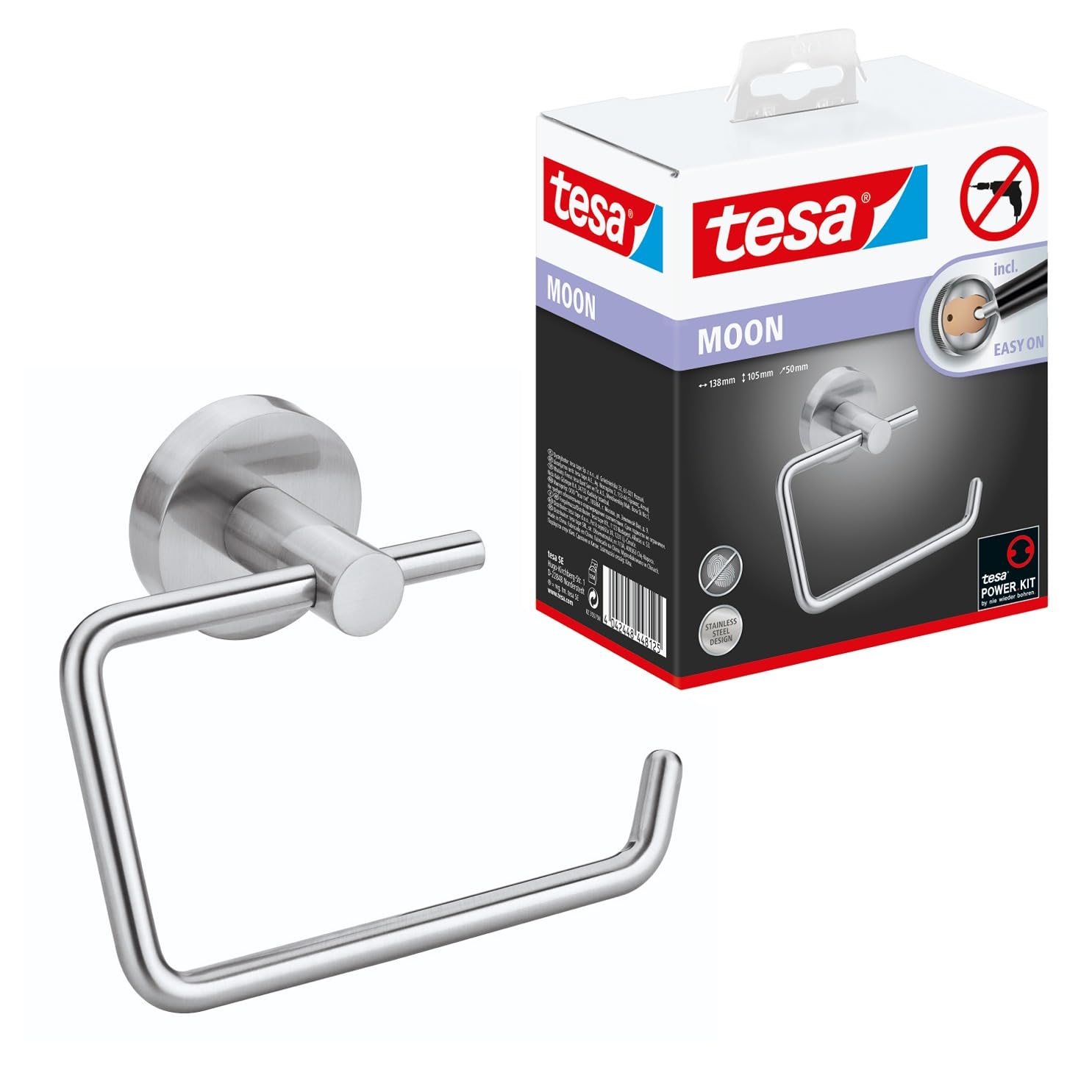 TEAC tesa MOON Toilettenpapierhalter Edelstahloptik inkl. Klebe.