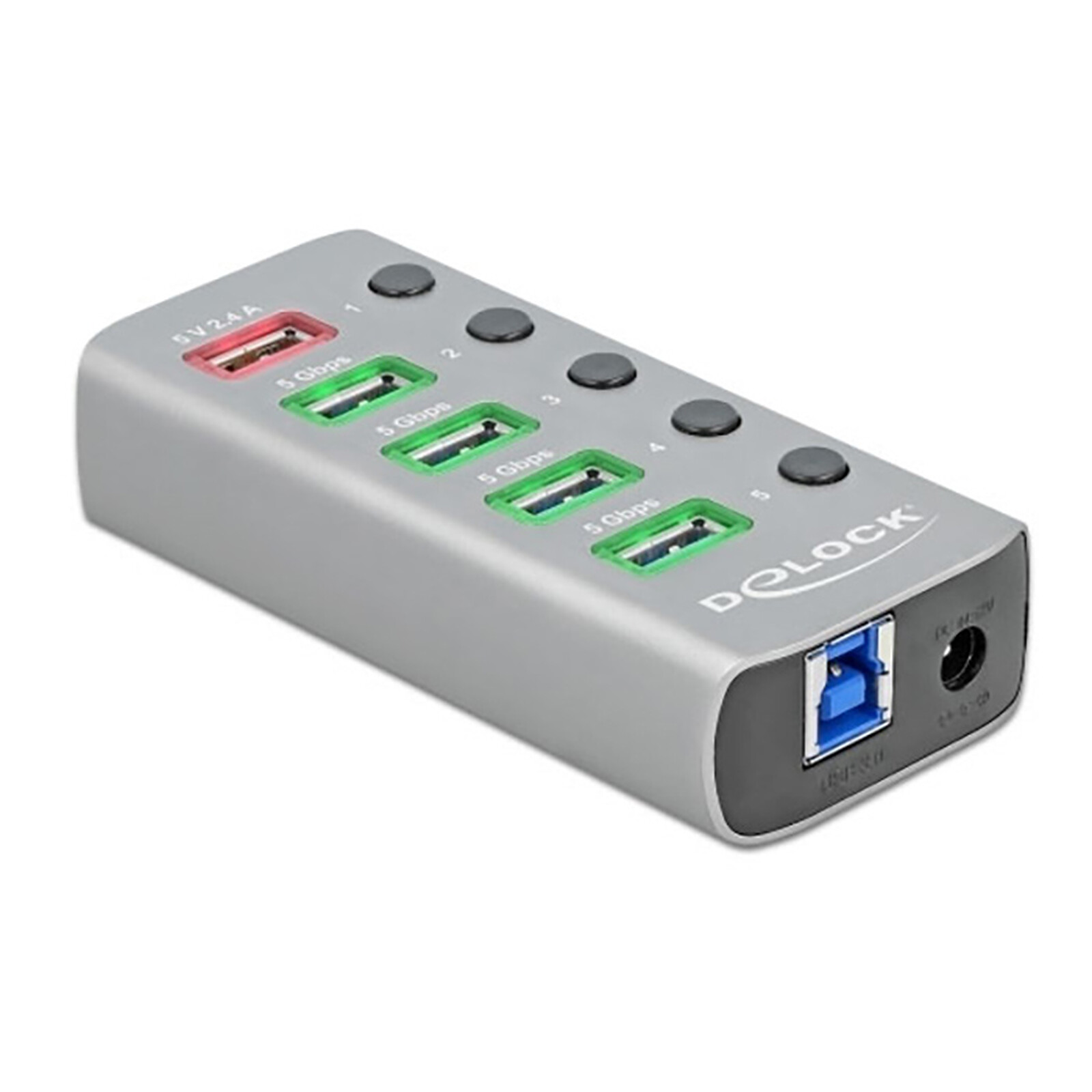 DeLock Hub USB 3.0 à 6 ports avec 1 port USB-A dédié à la charge (5V 2.4A) et 1 port USB-C PD 3.0