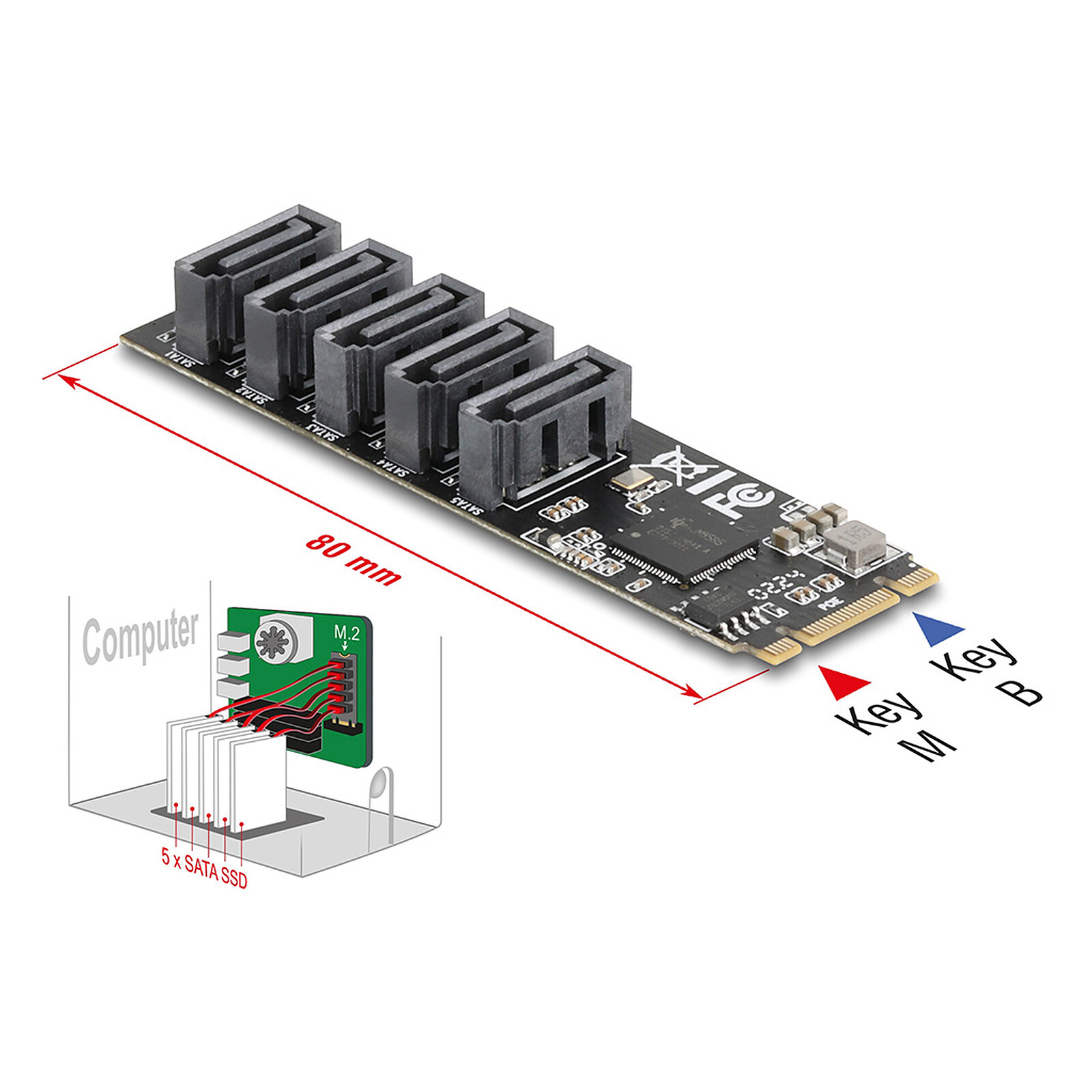 DeLock Contrôleur M.2 2280 clé B+M mâle vers 5 x SATA
