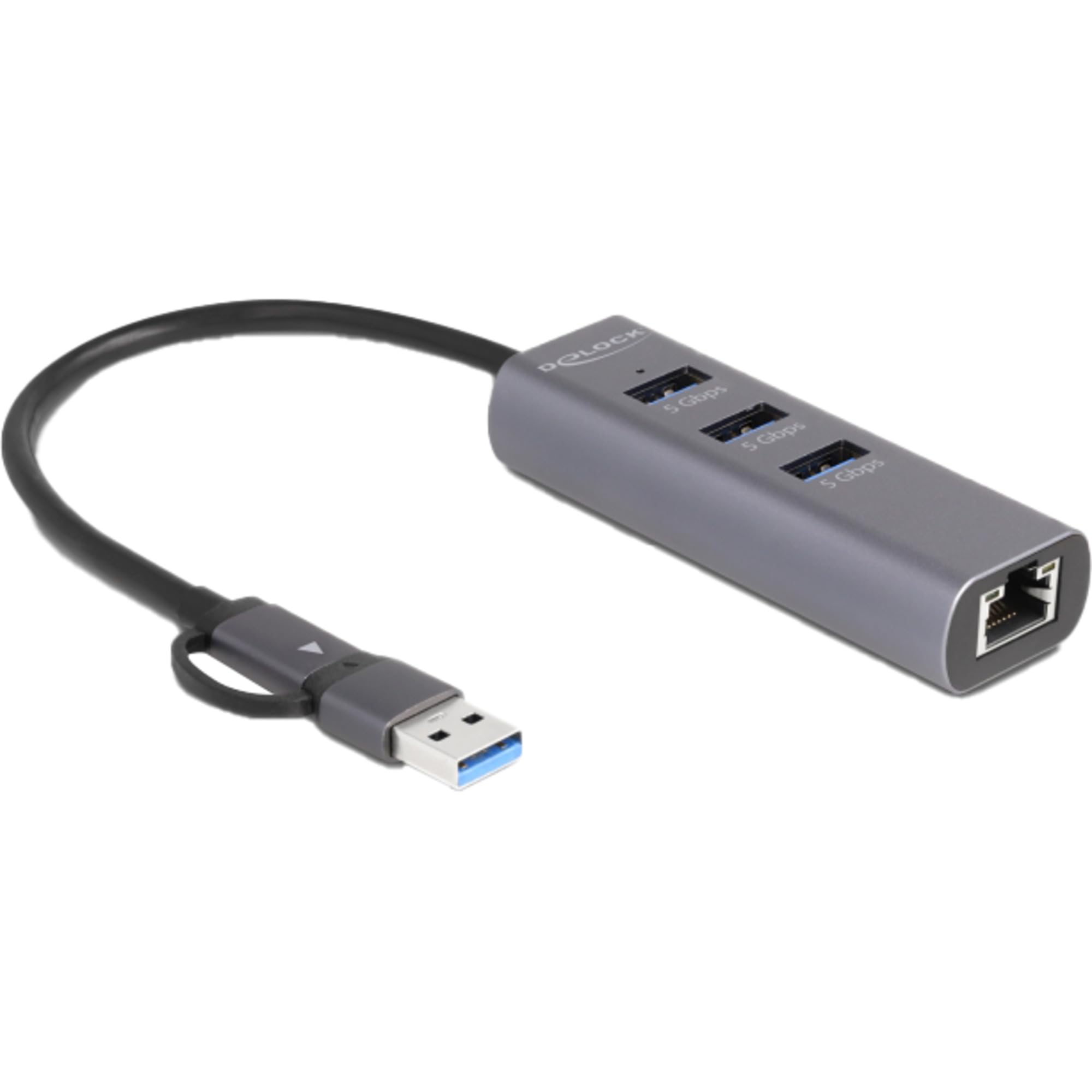 DeLock 3 Port USB 5 Gbps Hub + Gigabit LAN avec USB Type-C