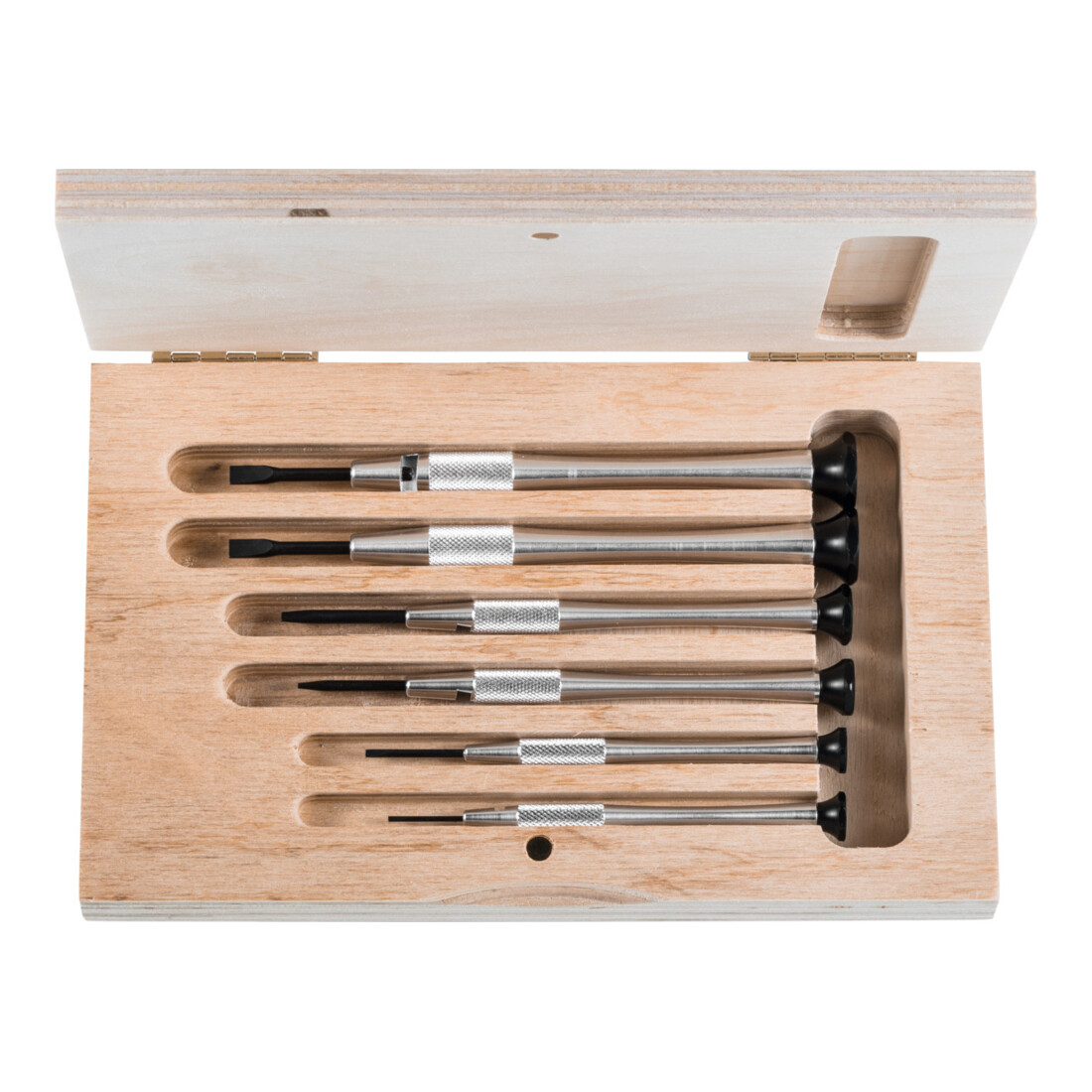 HOLEX Jeu de 6 tournevis d’horloger avec poignée en aluminium dans un coffret en bois 6