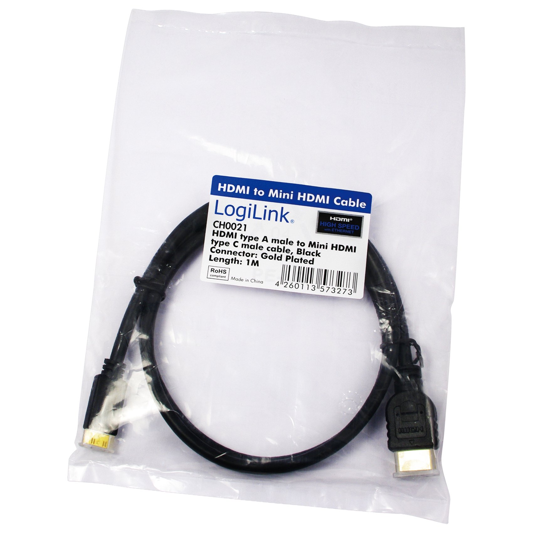 LOGILINK HDMI-Kabel Ethernet A -> mini St/St 1.00m sw