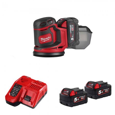 Milwaukee Ponceuse excentrique Ø125 mm 18V M18 BOS125-0 + 2 batteries 18V 5 Ah + chargeur M12-18FC