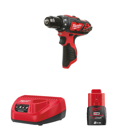 Milwaukee Perceuse visseuse 12V M12 BDD-201C + 1 Batterie 12V 2 Ah + 1 Chargeur C12C