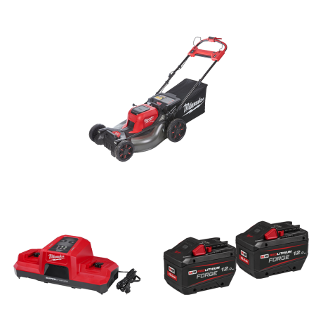Milwaukee Tondeuse M18 F2LM53-122 + 2 batteries Forge 18V 12 Ah + chargeur double M18 DBSC