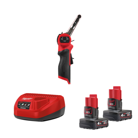 Milwaukee Ponceuse à bande 12V M12 FBFL10-0 10mm + 2 batteries 4 Ah 12 V + chargeur C12C