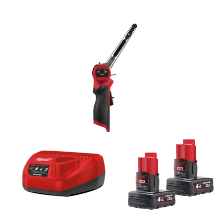 Milwaukee Ponceuse à bande 12V M12 FBFL13-0 13mm + 2 batteries 4 Ah 12 V + chargeur C12C