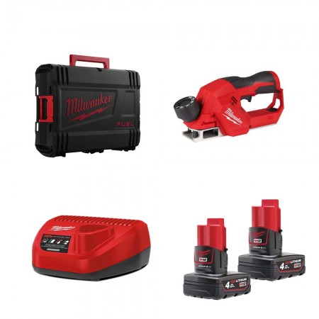 Milwaukee Rabot 56 mm M12 BLP-402X + 2 batteries 12V 4 Ah + 1 chargeur 12V C12C