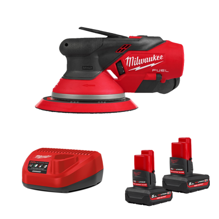 Milwaukee Ponceuse excentrique Ø150mm 12V M12 FROS5-0 + 2 batteries HB 5 Ah 12 V + chargeur C12C