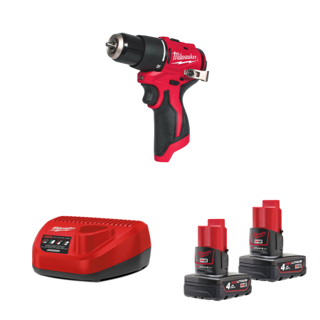 Milwaukee Perceuse visseuse à percussion 12V M12 BLPDRC-0 + 2 batteries 4 Ah 12 V + 1 chargeur C12C