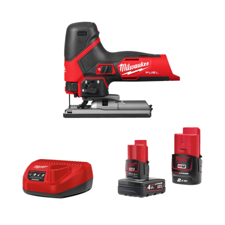 Milwaukee Scie sauteuse 12V M12 FJS-422X + 1 batterie 12V 2 Ah + 1 batterie 12V 4 Ah + 1 chargeur 12V C12-C