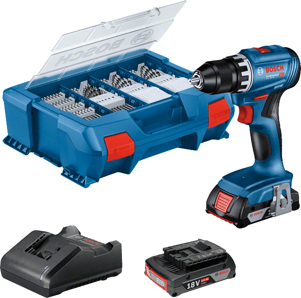 Bosch Professional Perceuse-visseuse 18V GSR 18V-45 avec accessoires + 2 batteries 2Ah + chargeur + coffret L-CASE PICK & CLICK