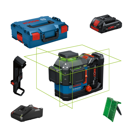 Bosch Laser lignes vert 360° Pile/batterie GLL 18V-120-33 CG + 2 batteries ProCore 18V 4 Ah + Chargeur GAL 18V-40