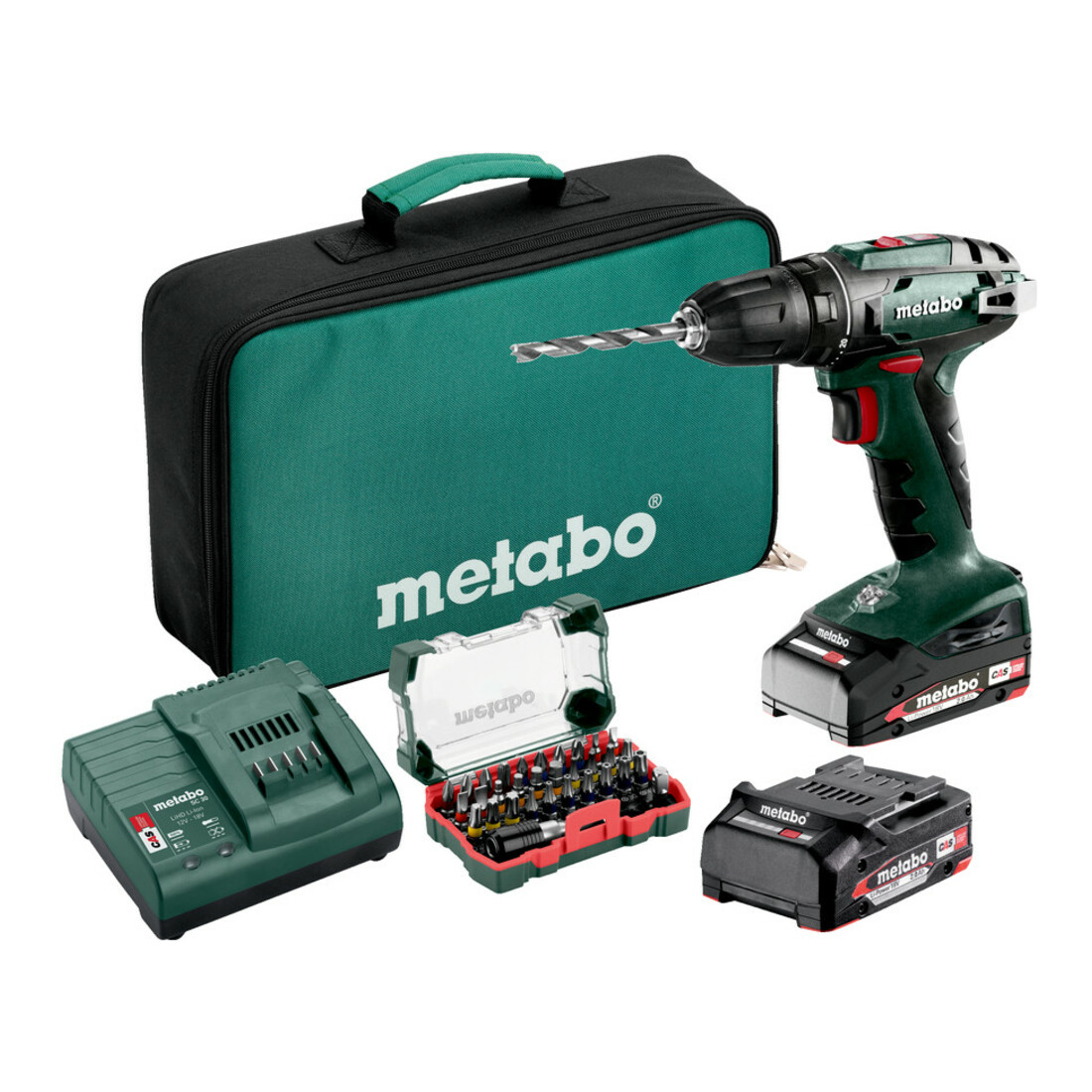 Metabo Kit de perceuse-visseuse sans fil BS 18 avec coffret d'embouts SP (32 pièces) et mallette souple, 18V 2x2Ah Li-Power + SC 30