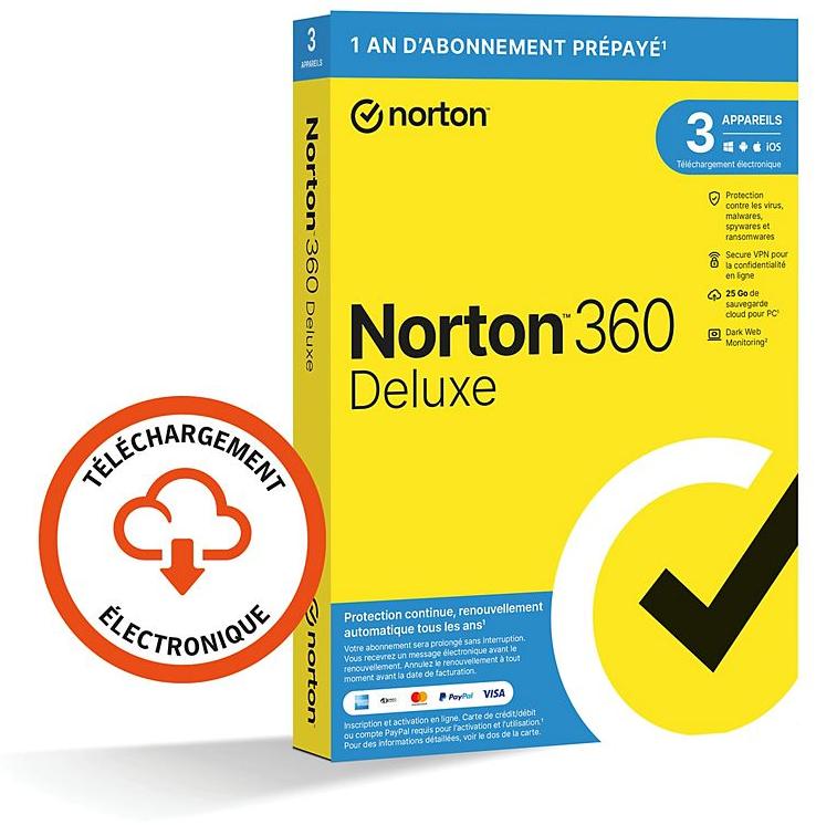 Norton logiciel antivirus et optimisation 360 deluxe 25go se 3 postes