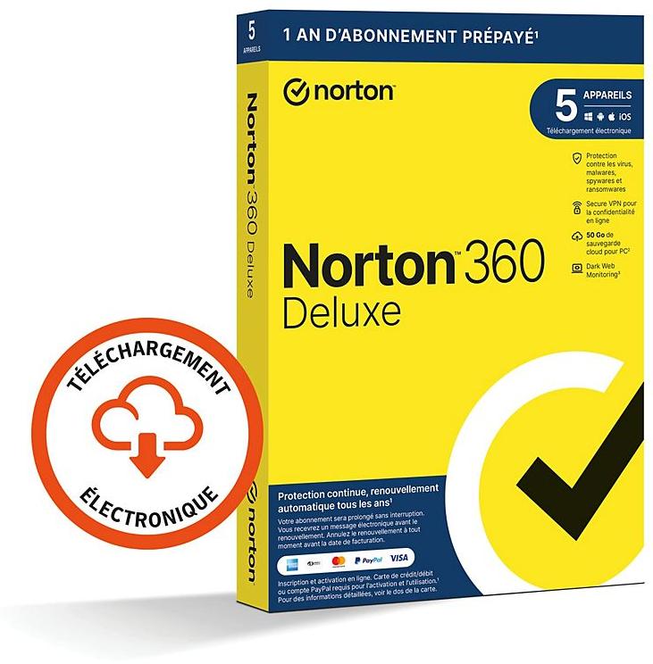 Norton logiciel antivirus et optimisation 360 deluxe 50go se 5 postes