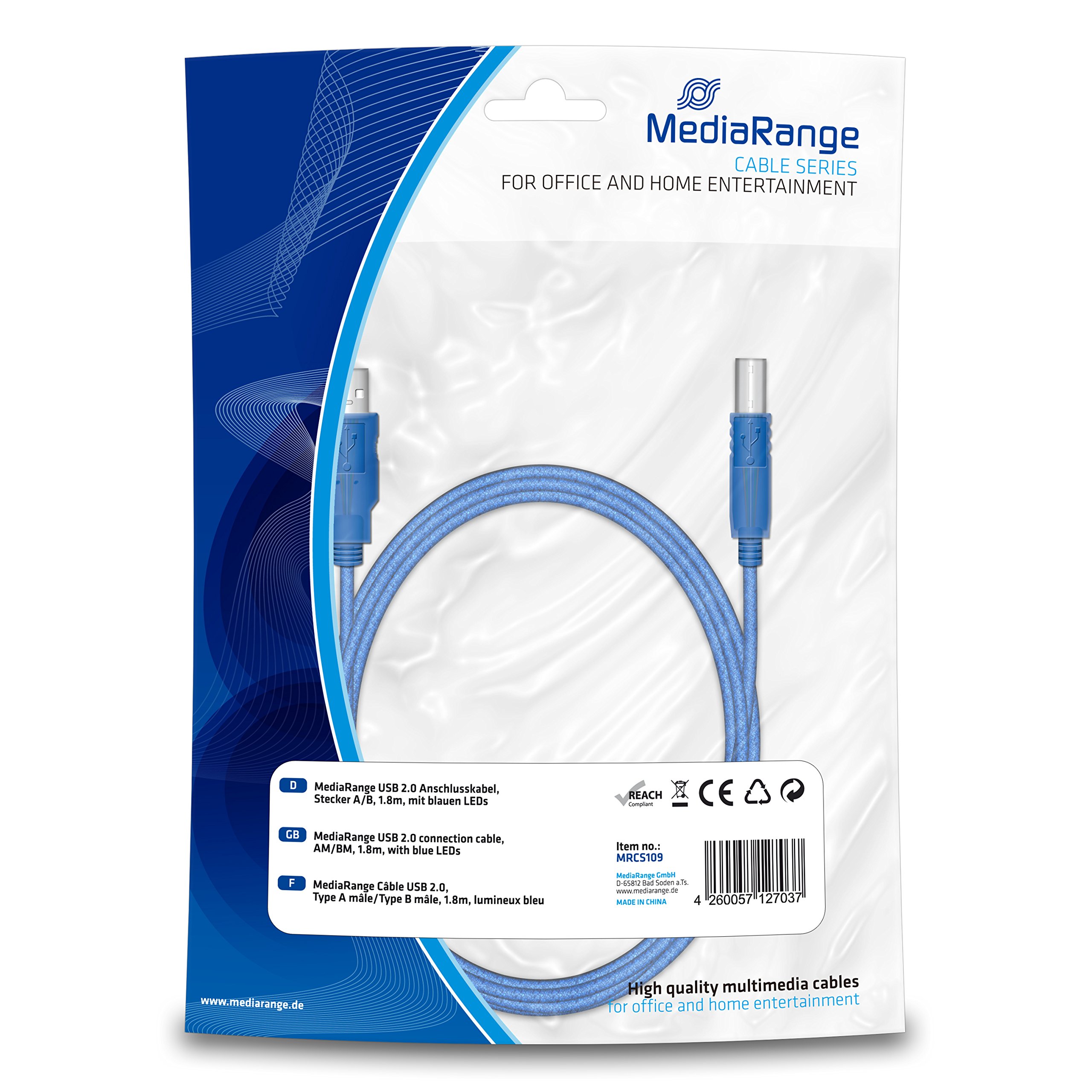 MediaRange USB Kabel A -> B St/St 1.80m blau LEDs