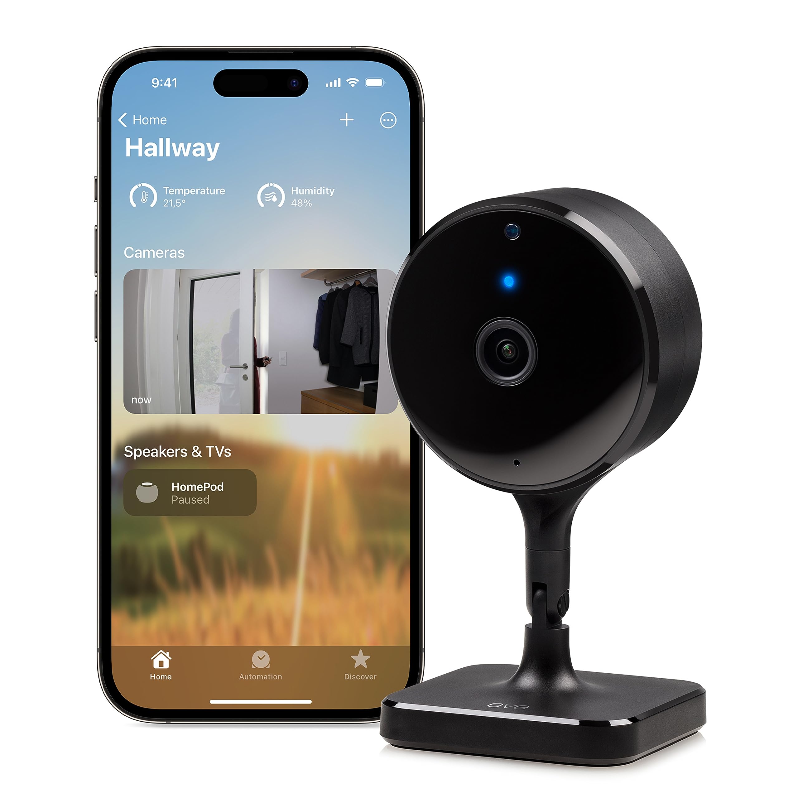 eve interieure securisee, confidentialite absolue, HomeKit Secure Video, Notifications sur iPhone/iPad/Apple Watch, detecteur de mouvements, Micro et Haut-Parleur, Installation Flexible