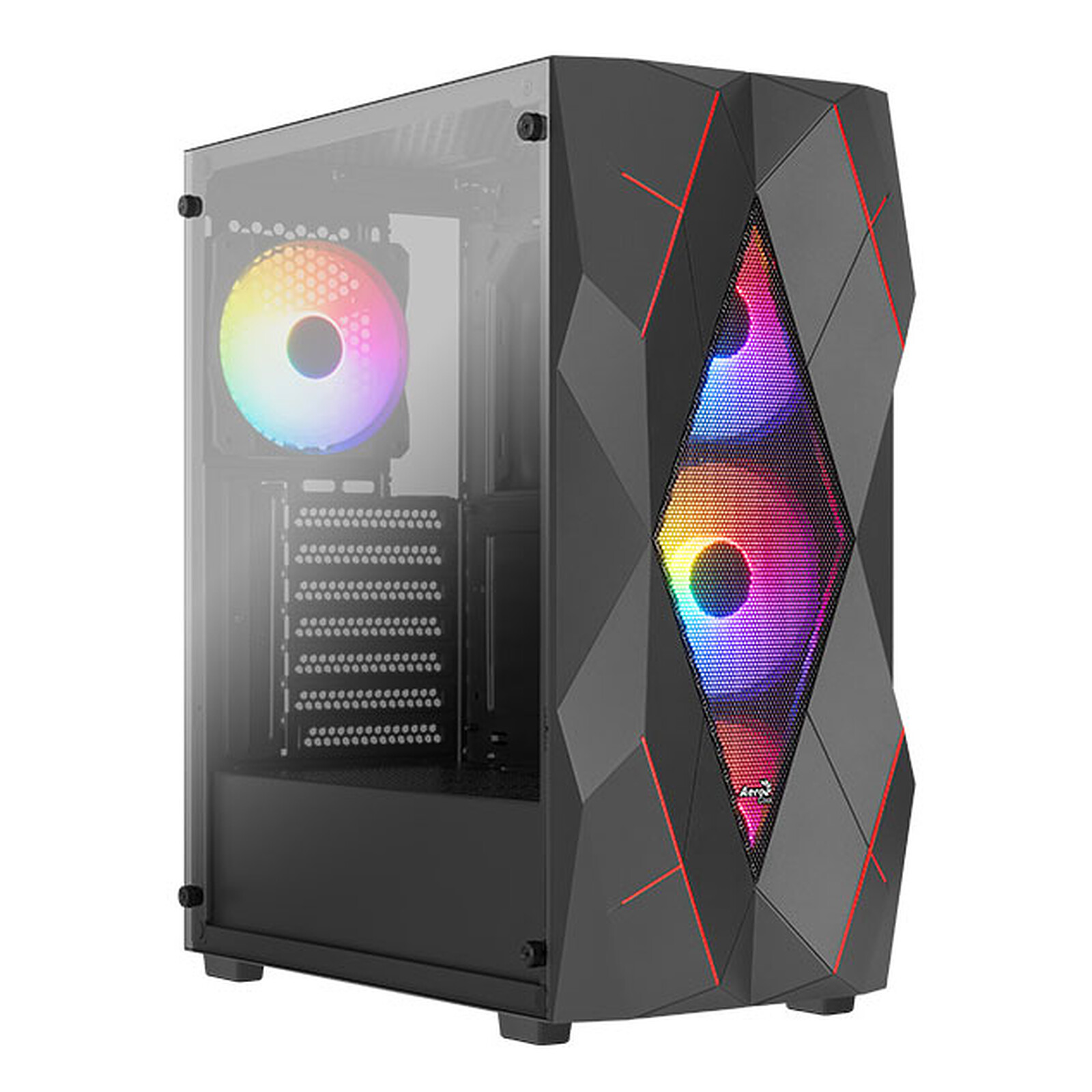 AEROCOOL Aerocool Volcan V1 est un boîtier Moyen Tour innovant conçu par AEROCOOL. Avec une fenêtre en verre trempé offrant une vue imprenable sur vos composants, ce boîtier allie style et fonctionnalité. Doté de 4 ventilateurs FRGB inclus, il assure une