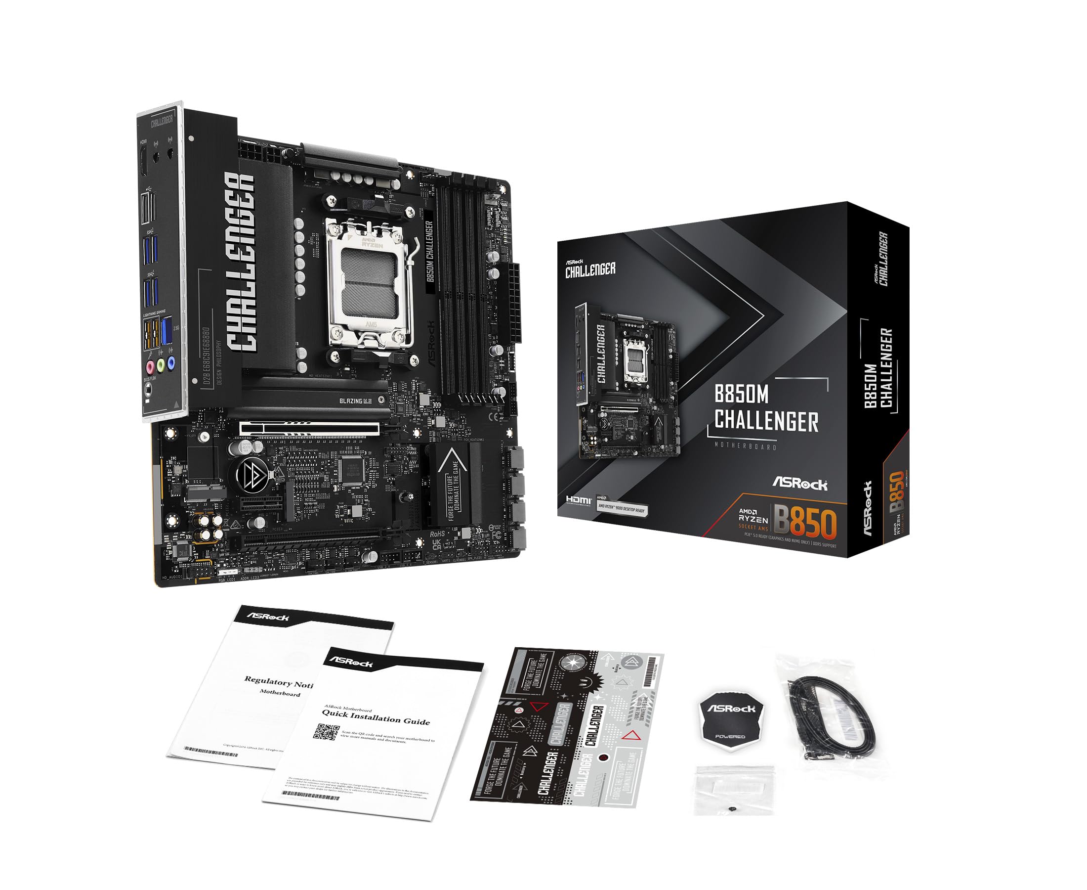 ASROCK ASRock Carte mère B850M Challenger Socket AM5 Micro-ATX, B850, Prend en Charge AMD Ryzen 9000/8000/7000 Series, DDR5 8000+ (OC), PCIe 5.0, 2.5G LAN, Ports Lightning Gaming