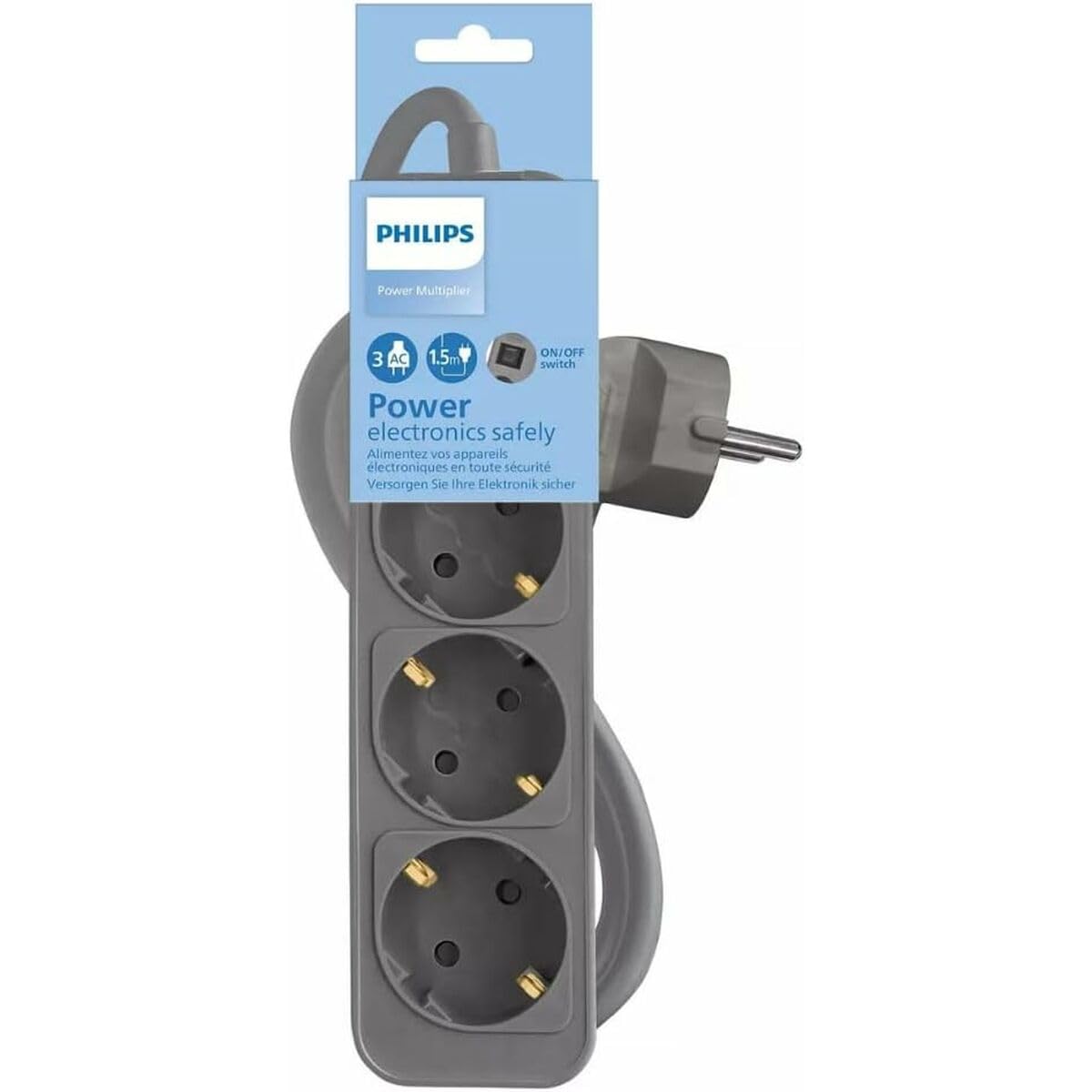 PHILIPS CHP2134G Multiprise 3 prises Schuko, câble de 1,5 m, interrupteur de sécurité LED gris
