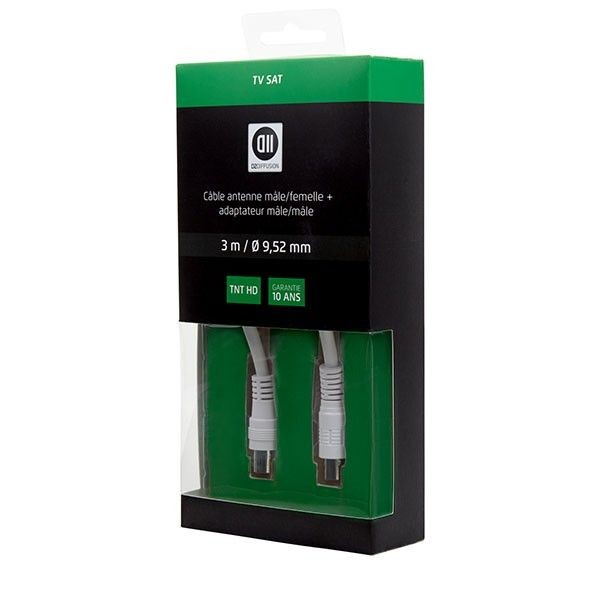 D2 Diffusion C ble Coaxial m le/femelle 9,52mm +1 adaptateur m le/m le 3 m Blanc